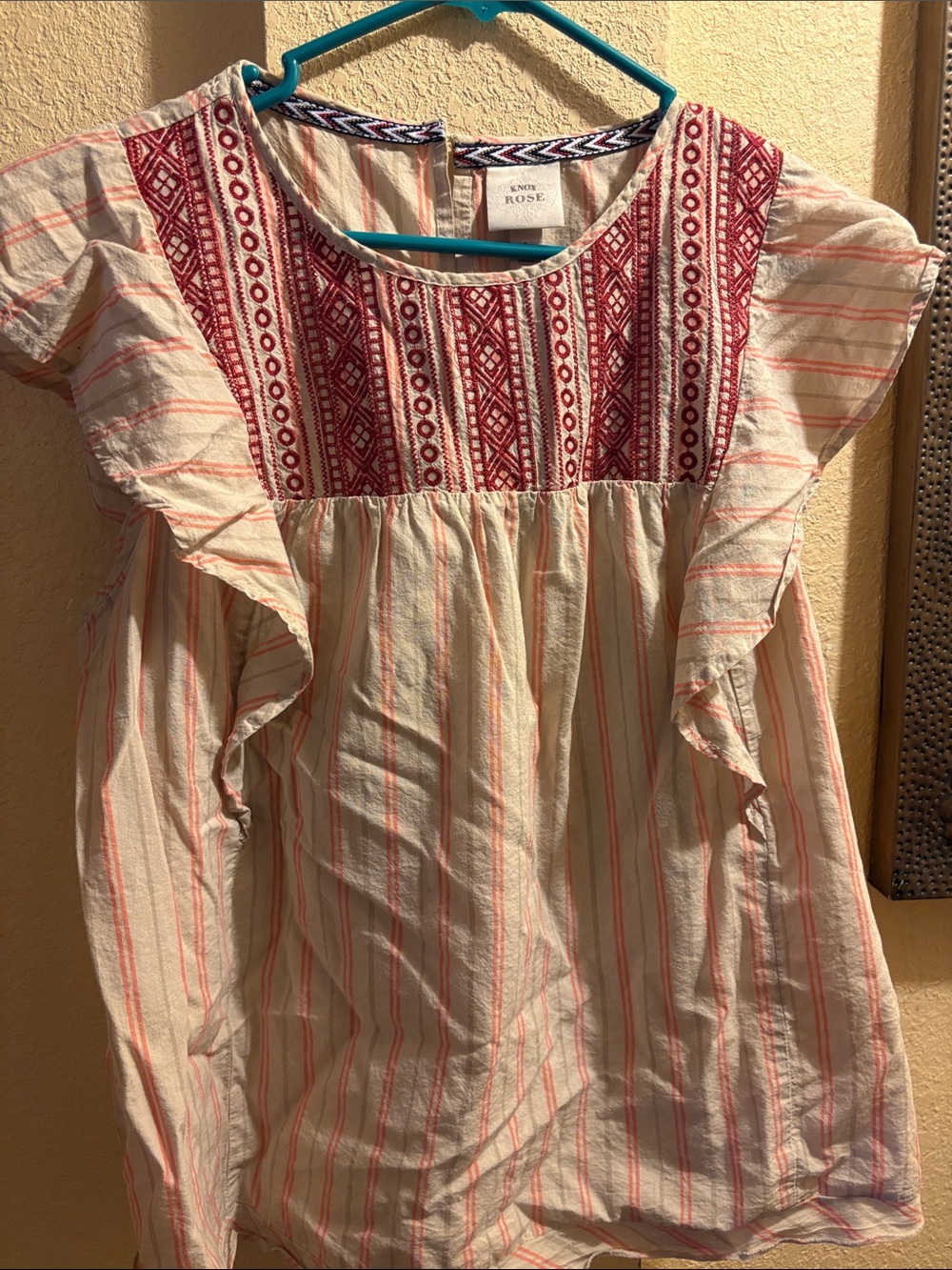 Knox Rose Boho Embroidered Ruffle Sleeve Top Cream Coral - Size L